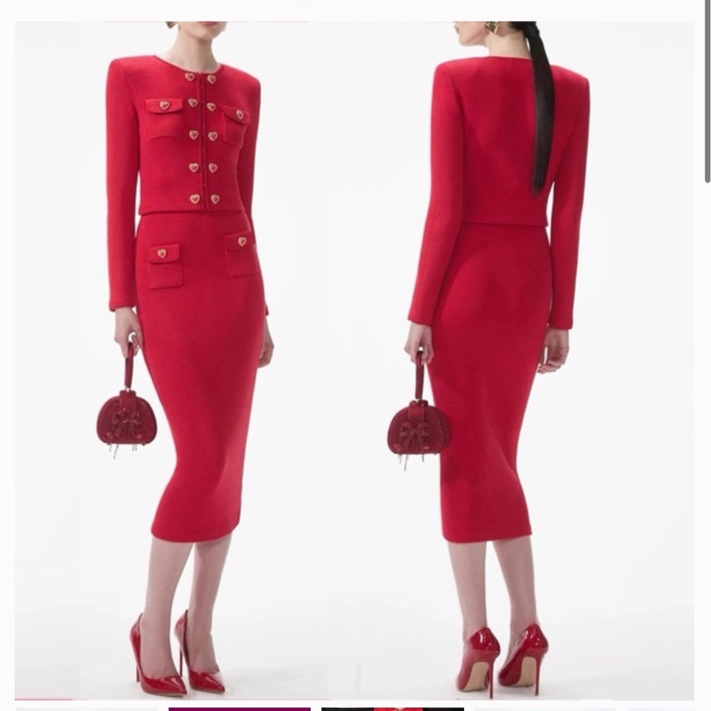Self-Portrait Heart Shaped Buttons Red Knit Cardigan & Midi Dress Set NWOT